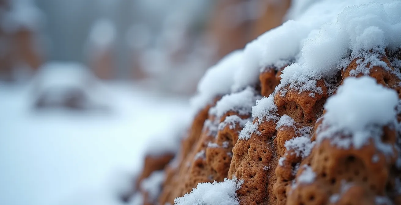 Cheminées de fées de Cappadoce recouvertes de neige en hiver dans une vallée déserte