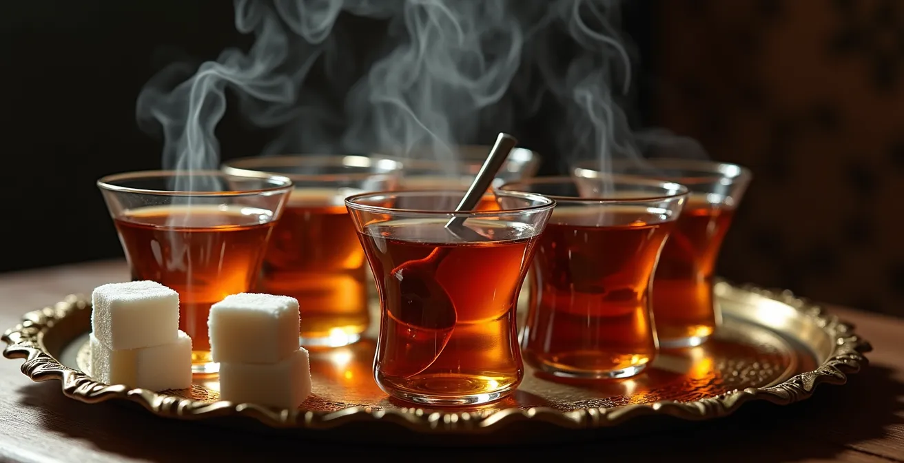 Service traditionnel du thé turc dans des verres en forme de tulipe