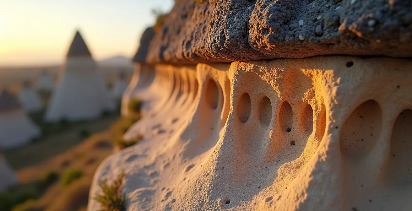 Vue macro détaillée de la structure géologique d'une cheminée de fée montrant les couches de tuf et basalte
