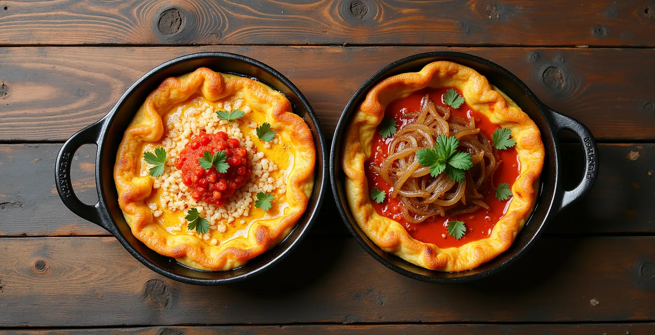 Vue aérienne de deux Lahmacuns côte à côte montrant les différences de garniture