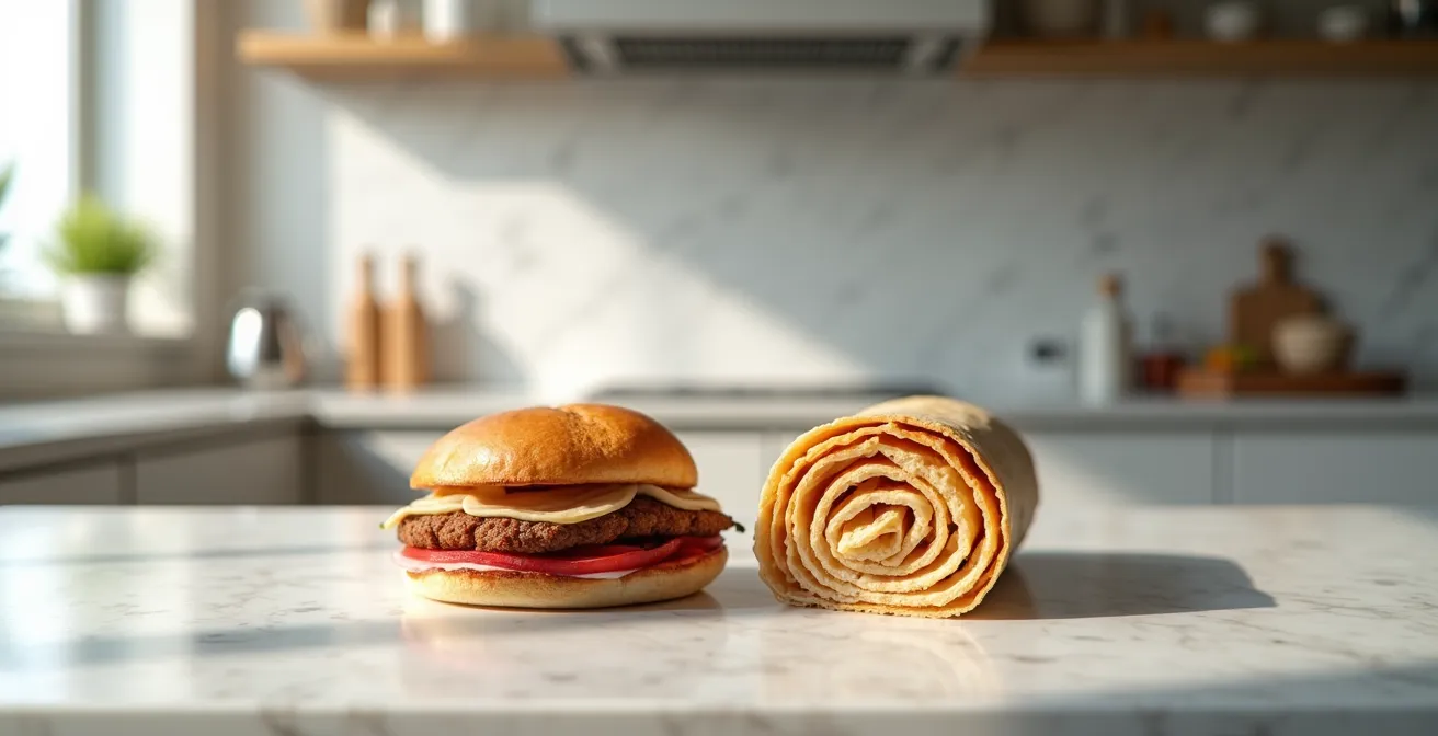 Vue de profil comparant un döner dans du pain pide épais et un dürüm enroulé dans une galette fine