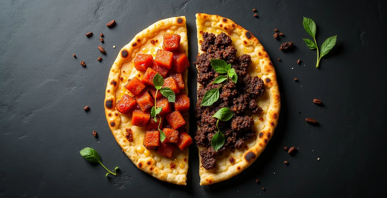 Deux styles de Lahmacun présentés côte à côte montrant les différences de garniture entre le style Antep à l'ail et le style Urfa à l'oignon.