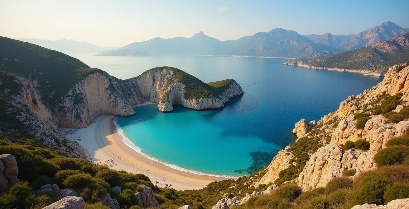 Paysage panoramique de la côte lycienne avec montagnes et mer turquoise sous un ciel ensoleillé