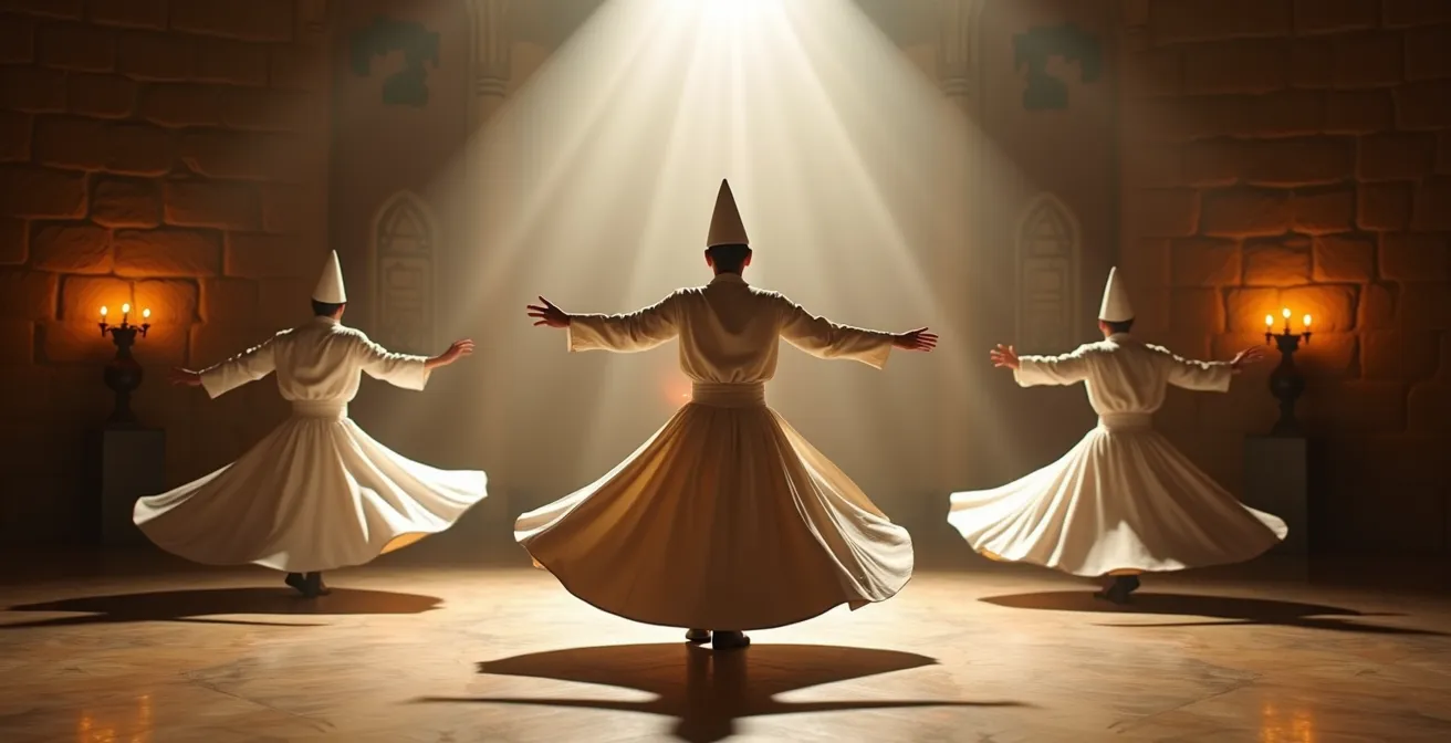 Derviches tourneurs en robes blanches tournoyant dans un tekke traditionnel éclairé par des bougies