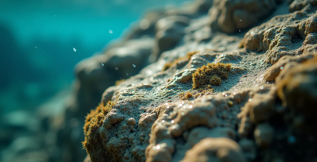 Détail macro d'une pierre antique érodée sous l'eau montrant la fragilité des vestiges