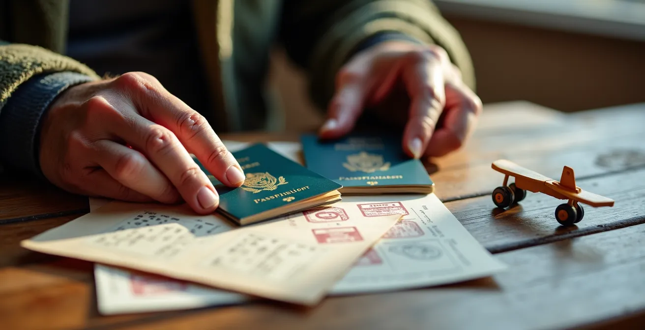 Gros plan sur des mains tenant des passeports et documents officiels sur une table en bois