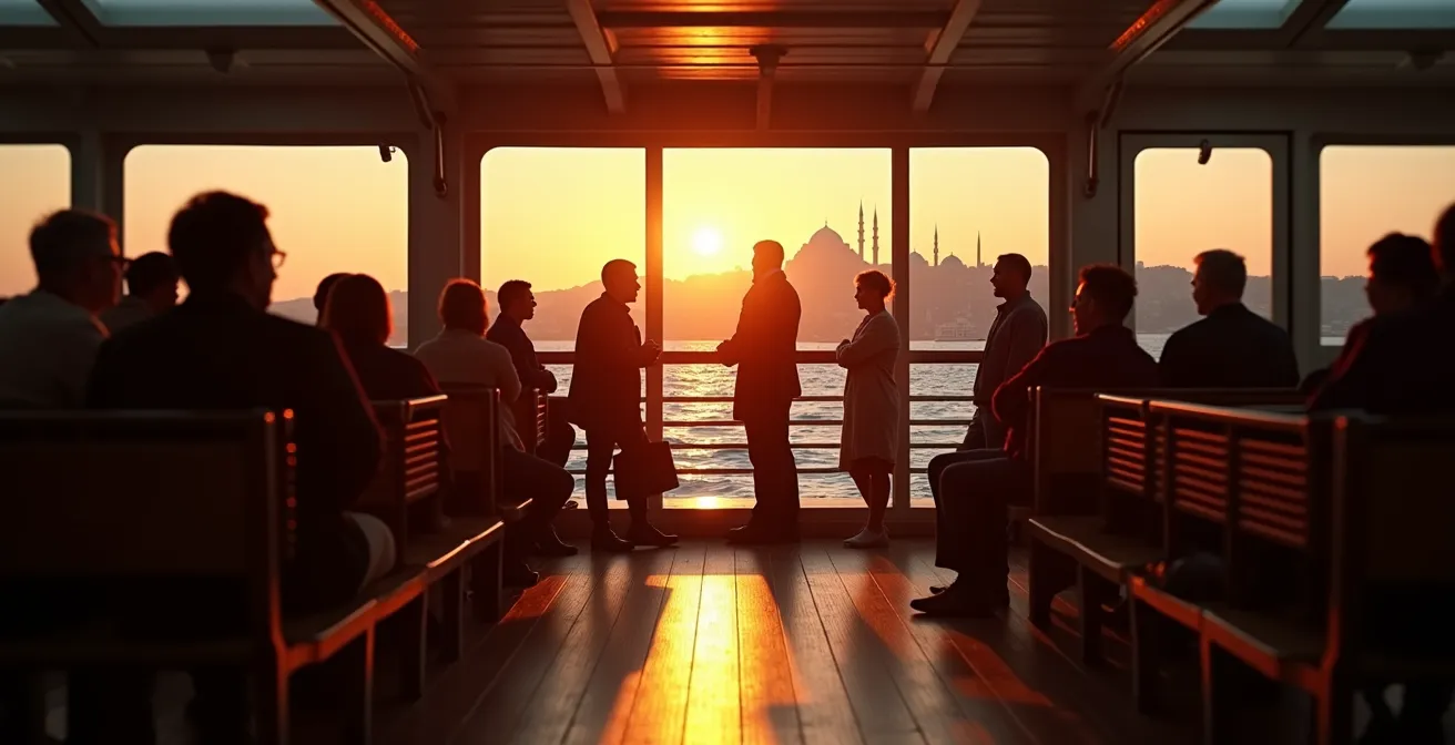 Ferry traversant le Bosphore au coucher du soleil avec les silhouettes des passagers contemplant le paysage