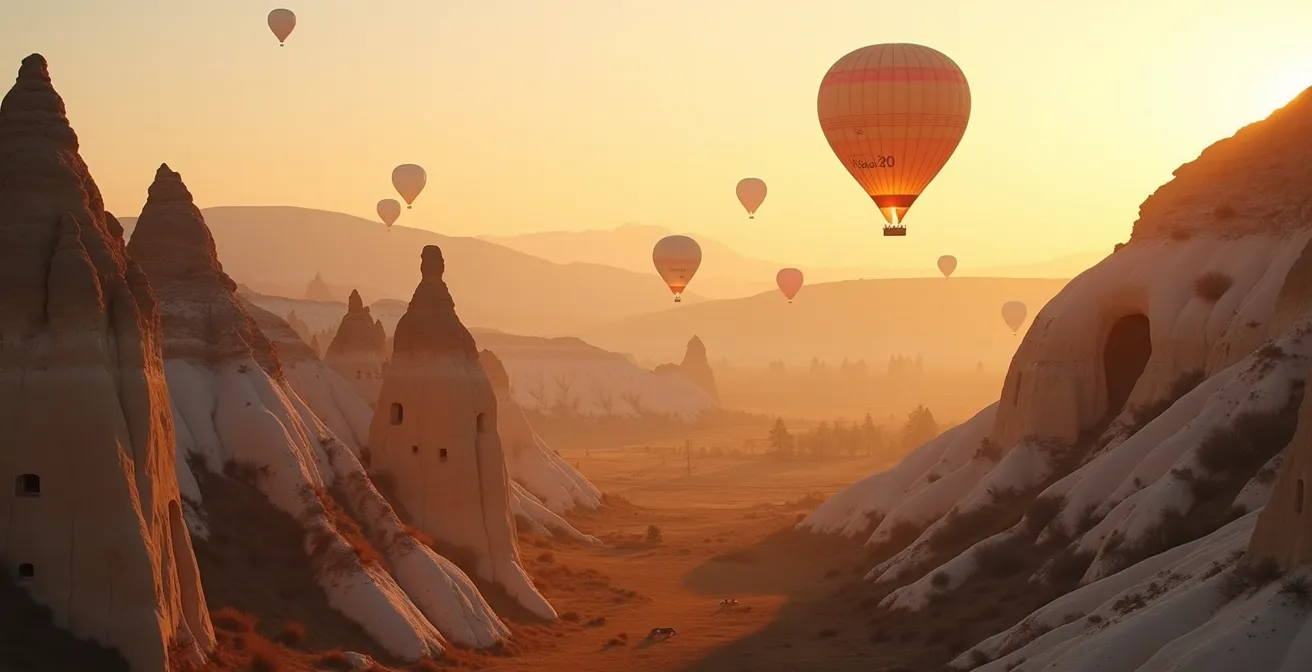 Formations rocheuses ocre de Cappadoce baignées dans la lumière dorée du lever du soleil avec des montgolfières créant des jeux d'ombres