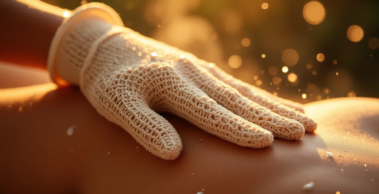 Gros plan sur un gant de kesse traditionnel en action sur une peau humide