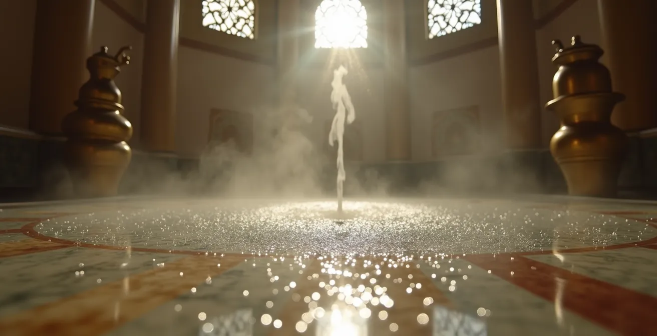 Intérieur d'un hammam ottoman traditionnel avec coupole percée de lucarnes et vapeur ambiante