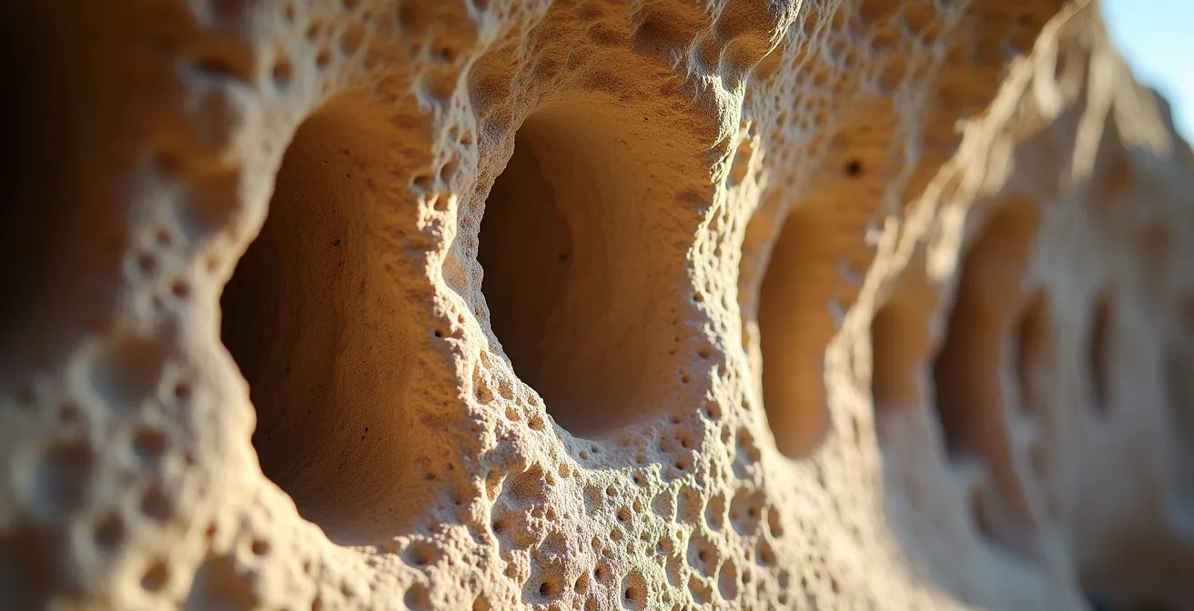 Intérieur d'une chambre d'hôtel troglodyte en Cappadoce avec murs de tuf volcanique naturel