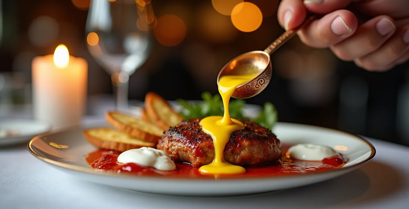 Présentation raffinée d'un Iskender kebap en assiette avec beurre fondu versé et yaourt frais
