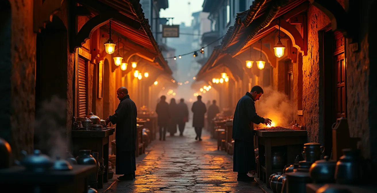 Vue atmosphérique du vieux bazar de Konya au crépuscule avec lumières dorées et ombres mystiques