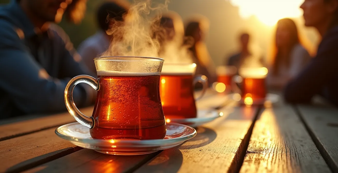 Jardin de thé traditionnel turc au coucher du soleil avec habitants locaux