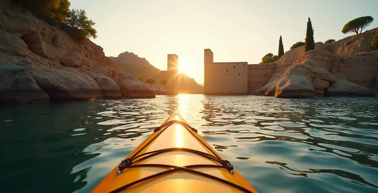 Vue depuis un kayak approchant les ruines du port antique de Phaselis au coucher du soleil