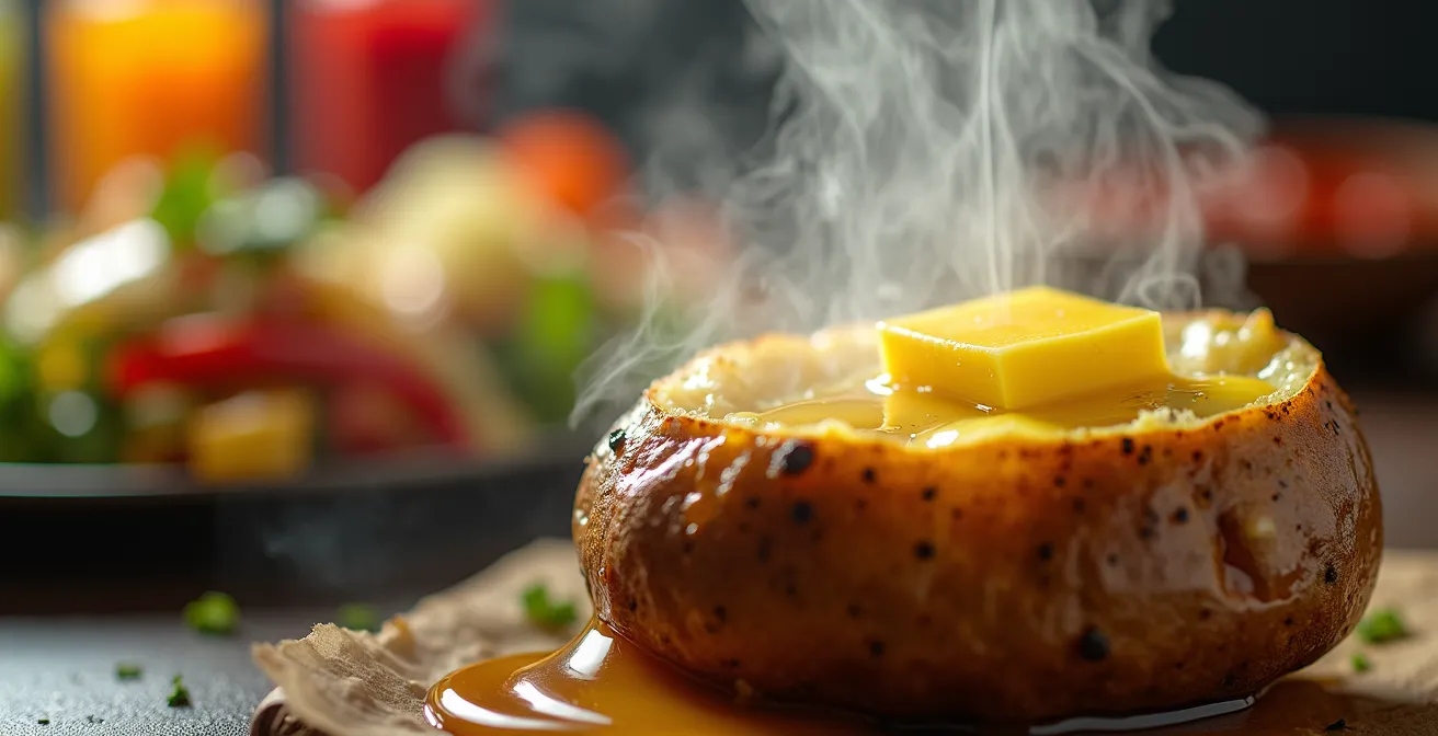 Bar à garnitures coloré d'un stand de Kumpir avec pommes de terre fumantes