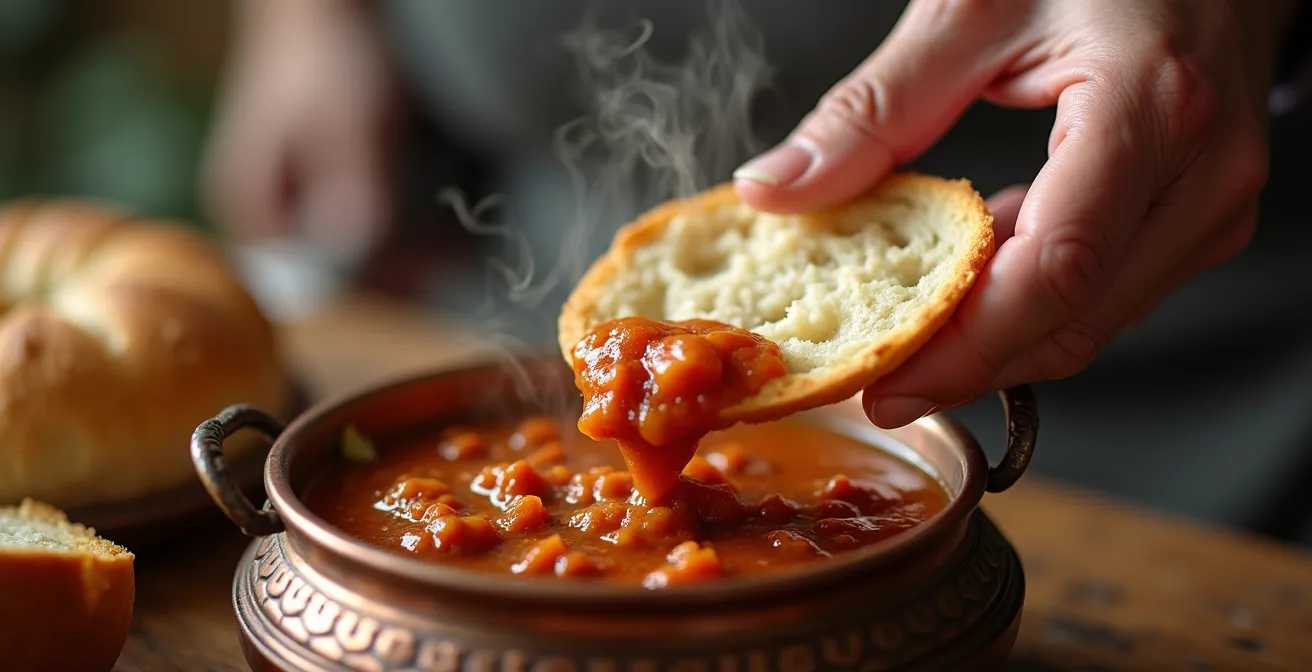 Main tenant un morceau de pain pour saucer un plat traditionnel turc