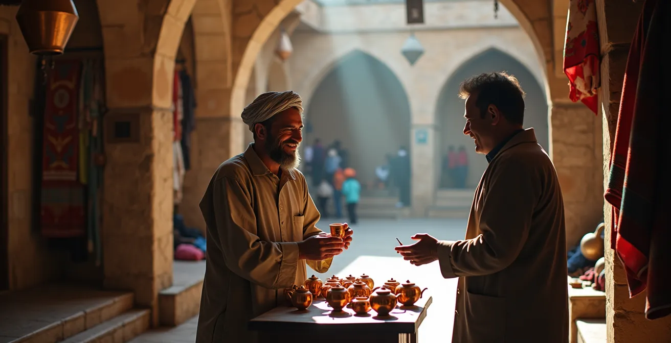 Scène de négociation amicale dans un bazar turc traditionnel