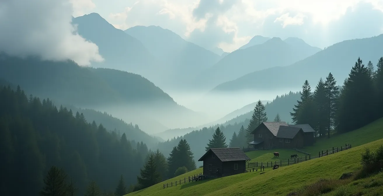 Paysage brumeux des monts Kaçkar rappelant les Highlands écossais avec forêts denses et plateaux d'alpage