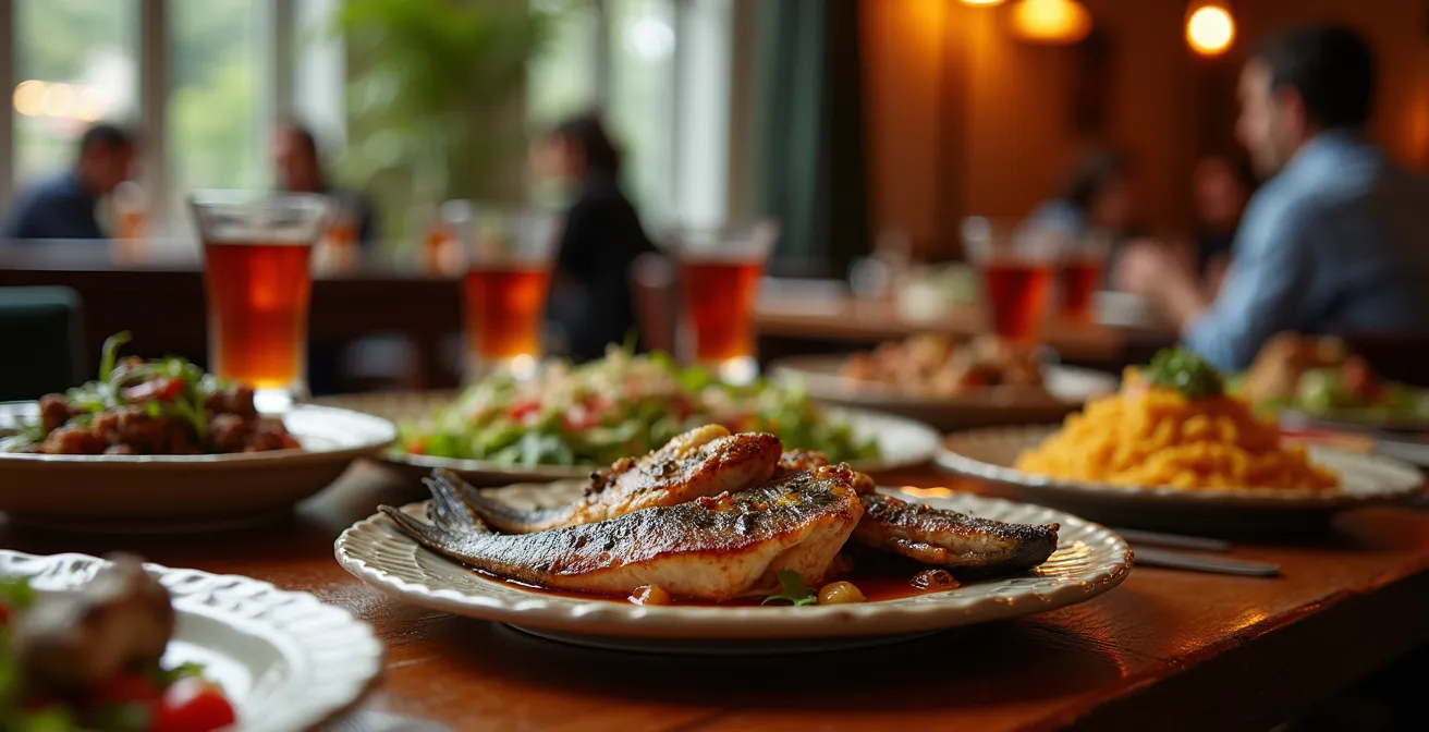 Intérieur authentique d'un restaurant de poisson turc avec tables en bois et ambiance chaleureuse