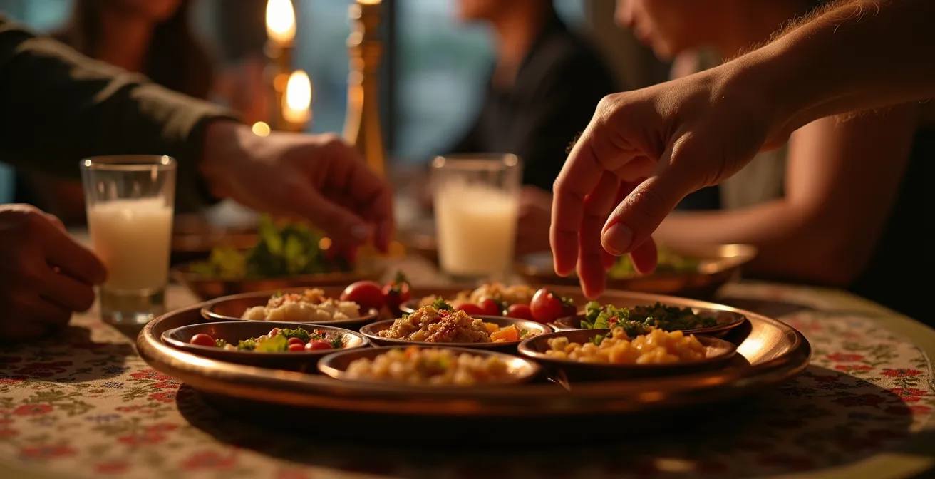 Table de meyhane traditionnelle avec mezze et verres de rakı dans une ambiance tamisée