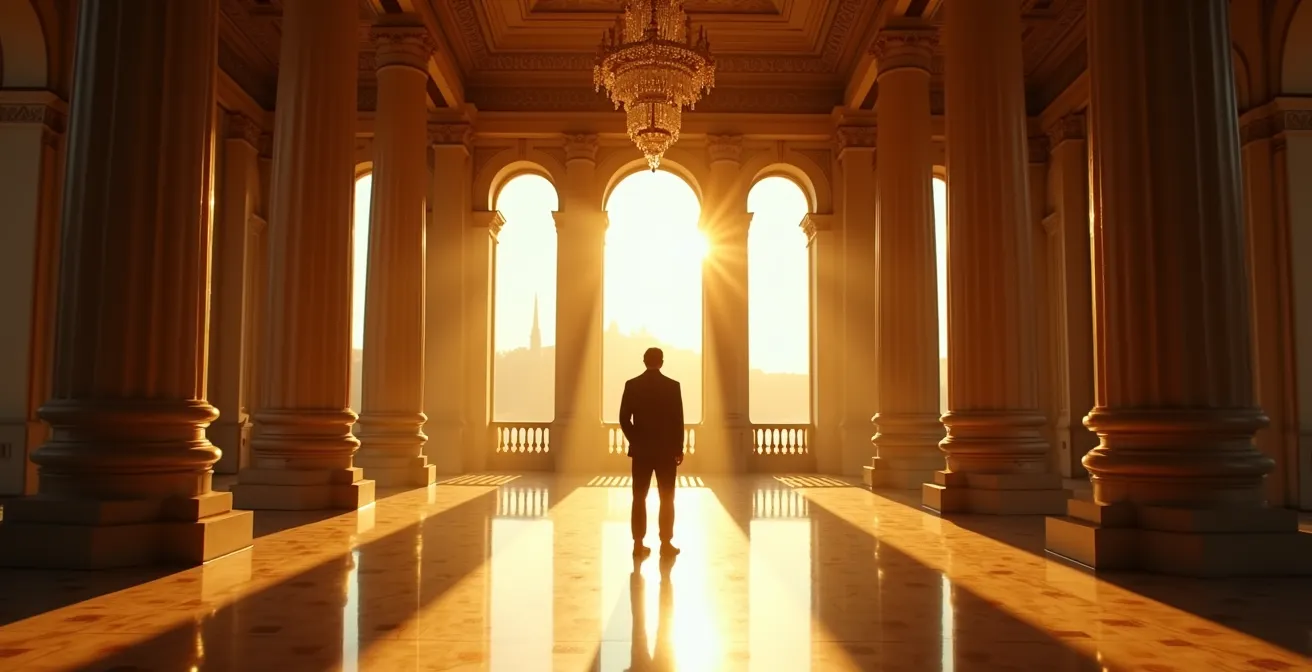 Vue intérieure du palais de Dolmabahçe baignée par la lumière dorée de fin d'après-midi