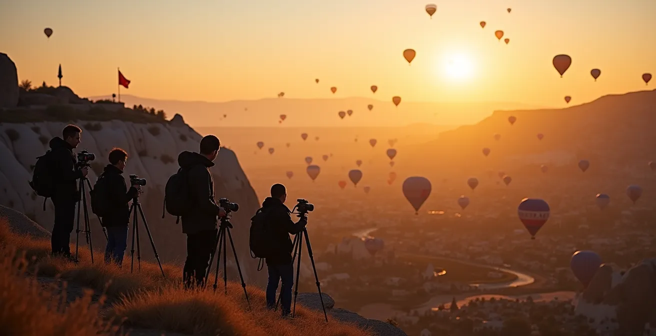 Photographes au sommet de Lover's Hill capturant les montgolfières au lever du soleil