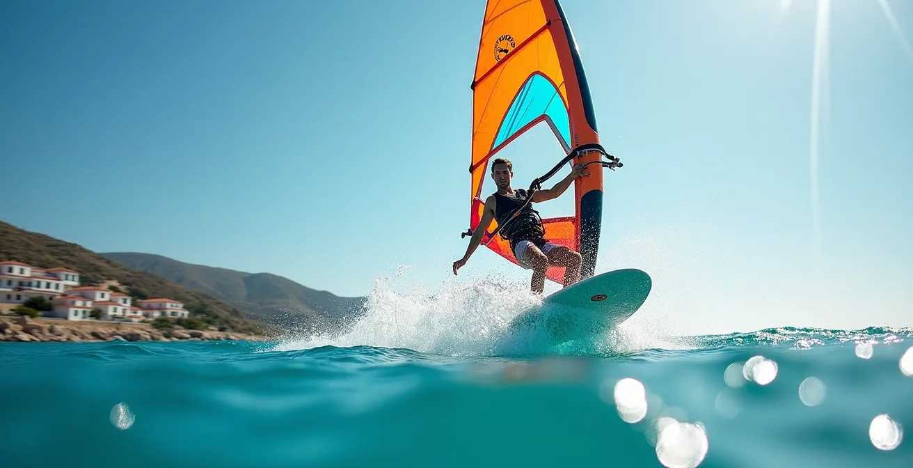 Véliplanchistes sur les eaux turquoise d'Alaçatı avec maisons blanches en arrière-plan