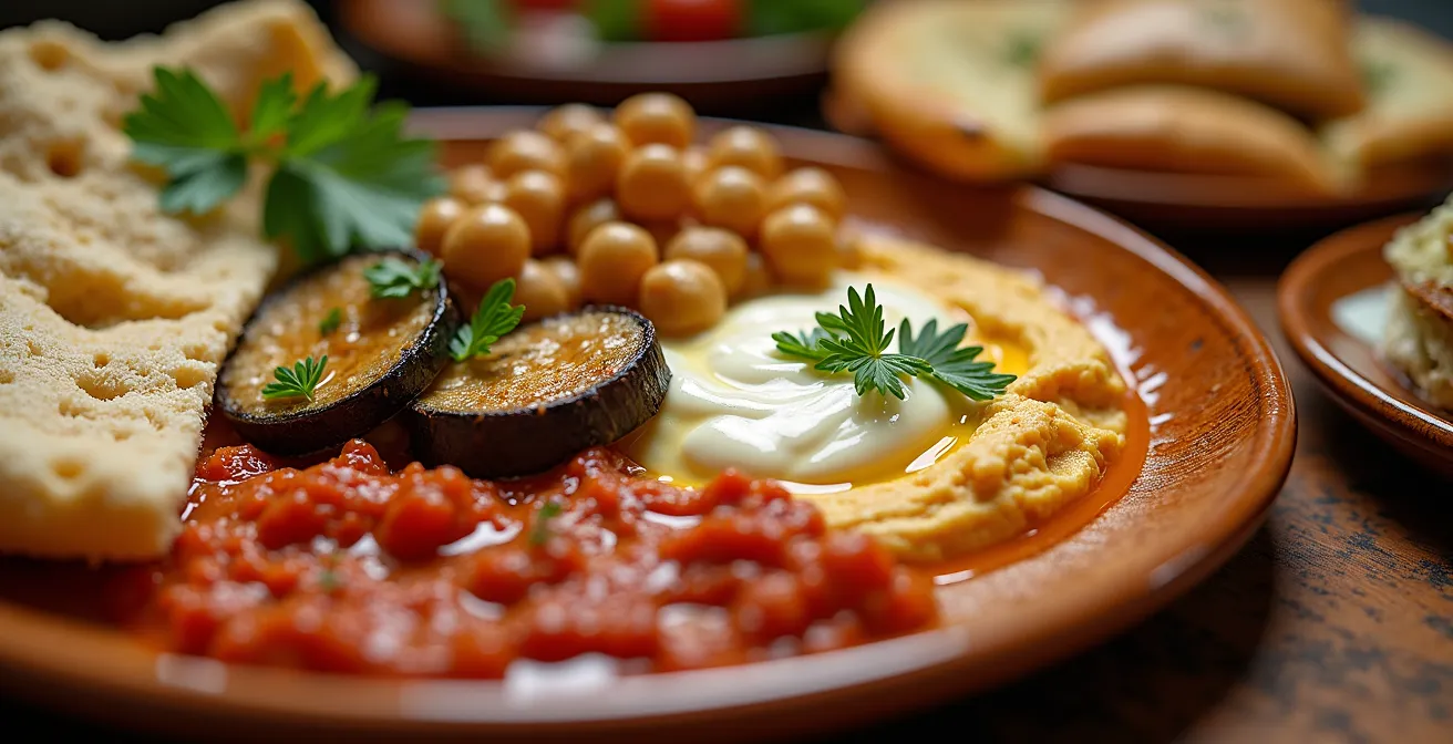 Plateau de meze végétariens colorés avec houmous, muhammara, börek et légumes grillés