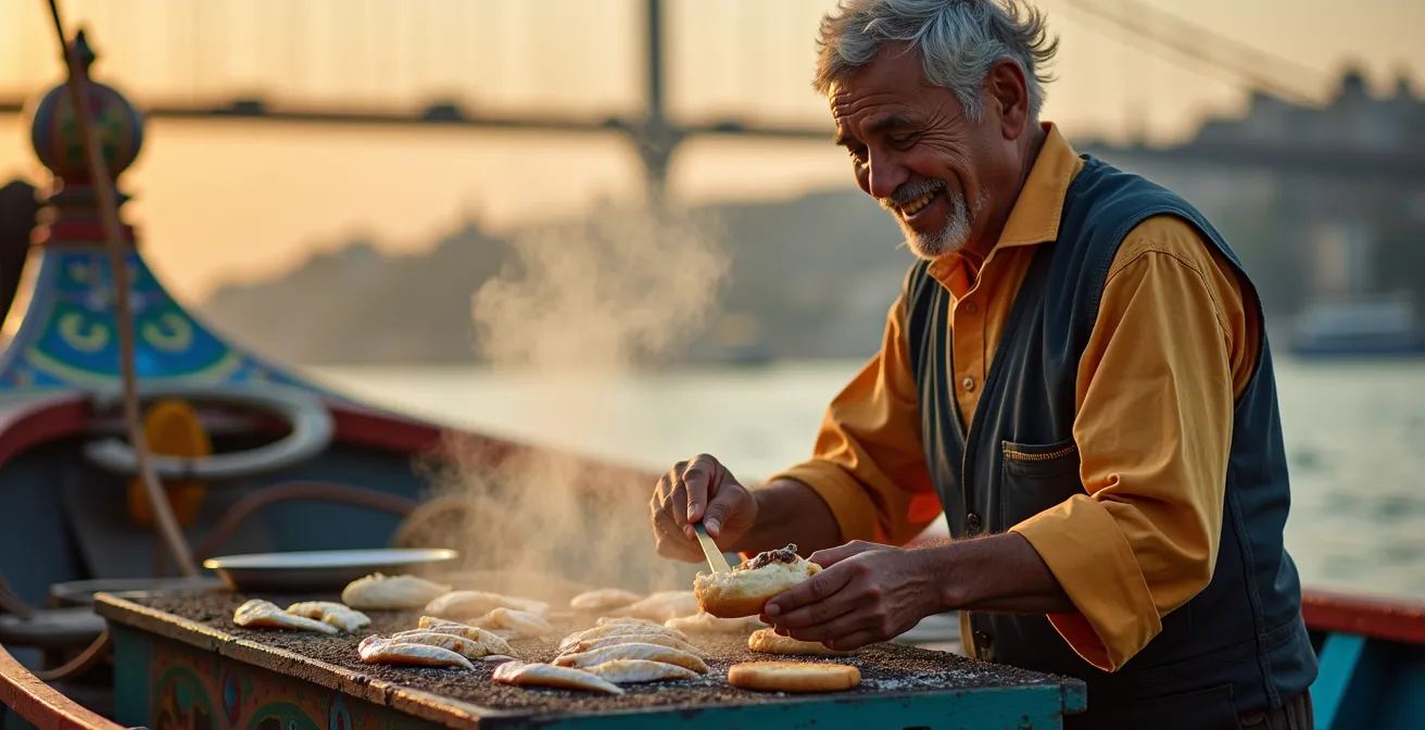 Vue du pont de Galata avec les vendeurs de sandwichs au poisson et les bateaux traditionnels