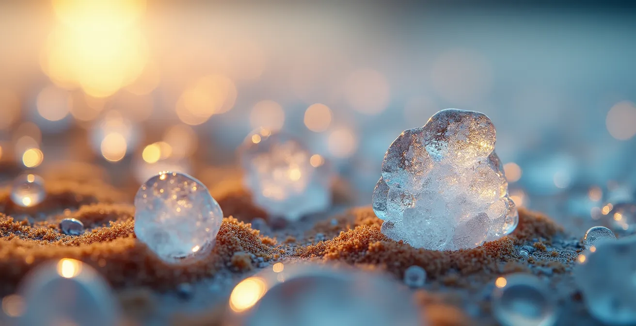 Gros plan macro sur des cristaux de sel et grains de sable avec gouttelettes d'eau sur une surface protégée