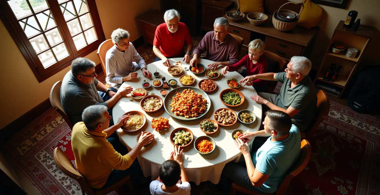 Grande tablée familiale turque avec plusieurs générations partageant un repas traditionnel