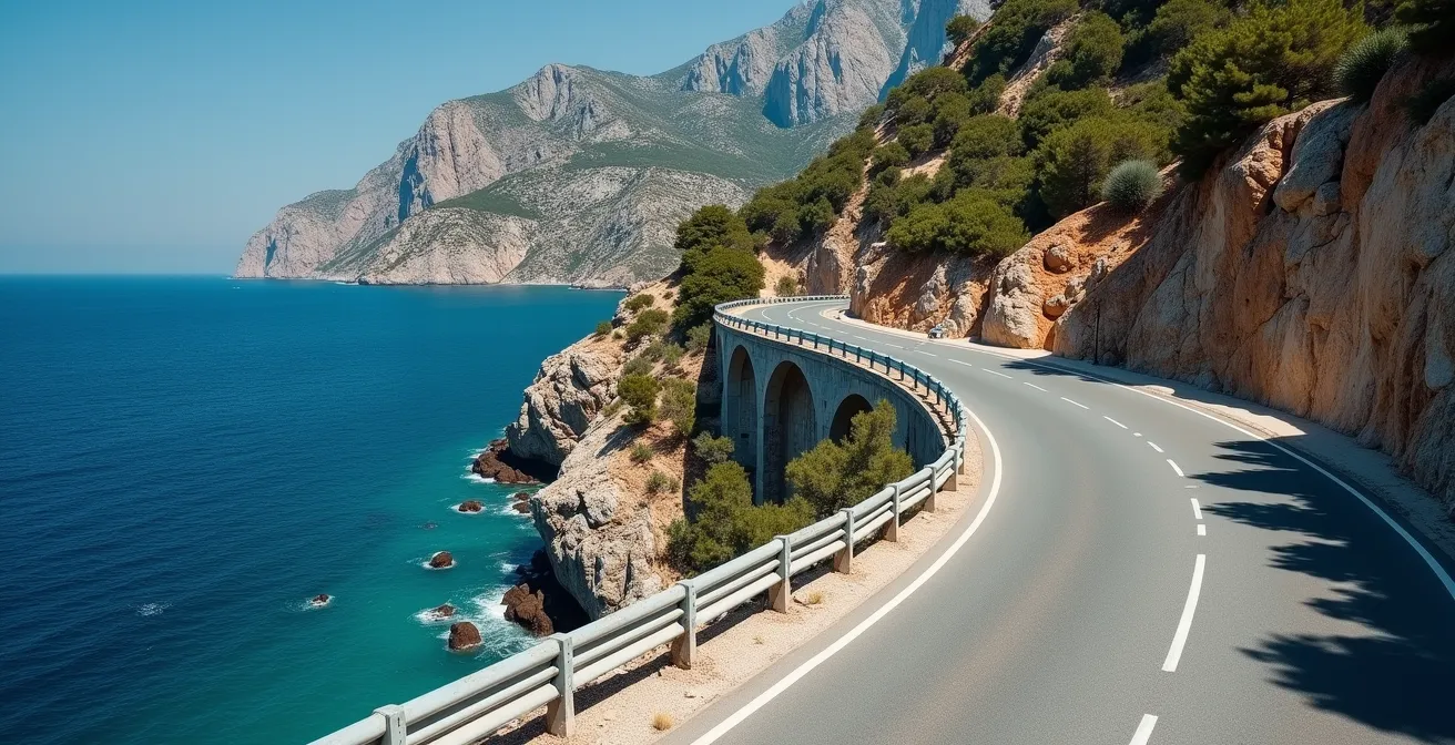 Route sinueuse D400 serpentant entre les montagnes du Taurus et la mer Méditerranée