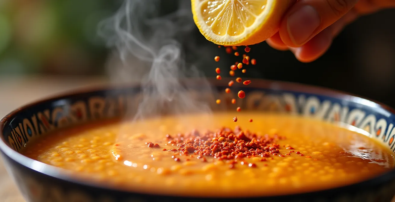 Service traditionnel de la soupe de lentilles mercimek dans un bol en céramique