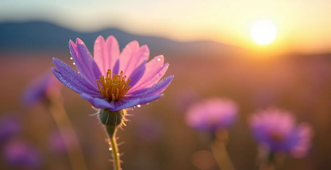 Paysage de steppe anatolienne parsemée de fleurs sauvages sous une lumière dorée de fin d'après-midi
