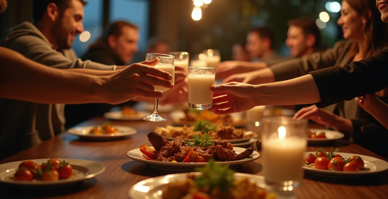 Convives autour d'une table turque traditionnelle avec mezzés et verres de raki lors d'une soirée conviviale