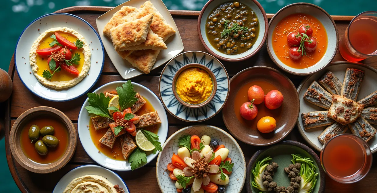 Table dressée sur le pont d'une goélette avec des plats traditionnels turcs