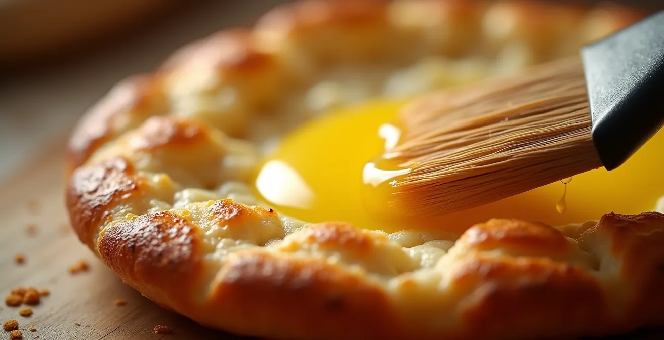Gros plan macro sur le badigeonnage au beurre doré des bords d'une Pide turque