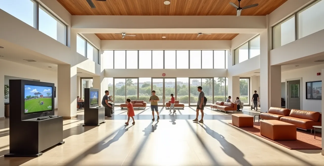 Espace teen club moderne avec adolescents profitant d'activités variées en toute autonomie