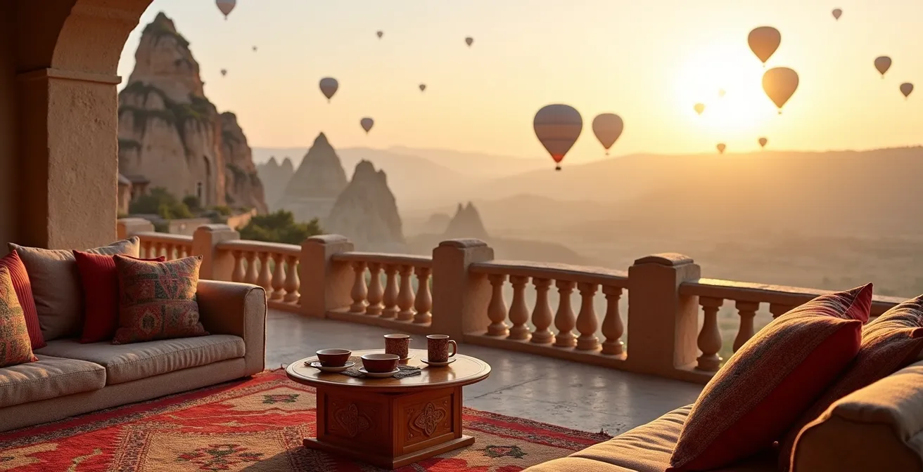 Vue depuis une terrasse d'hôtel en Cappadoce avec montgolfières colorées au lever du soleil
