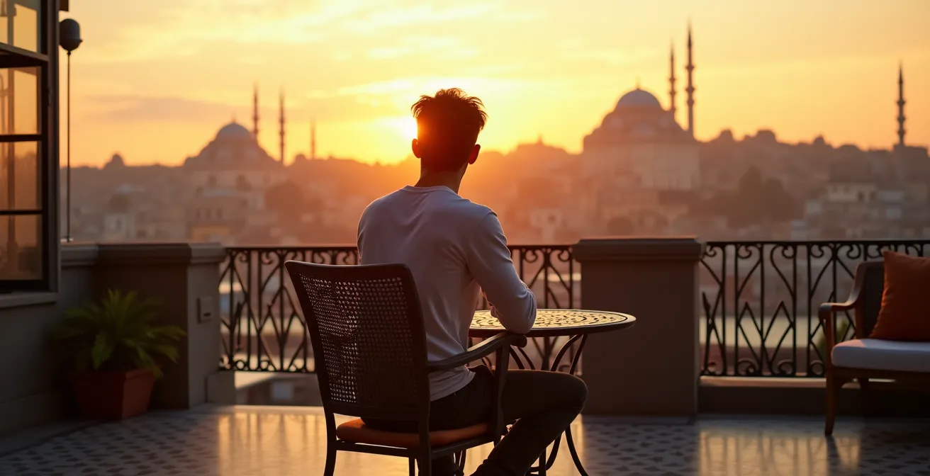 Terrasse panoramique d'une pension traditionnelle avec vue sur le Bosphore au coucher du soleil