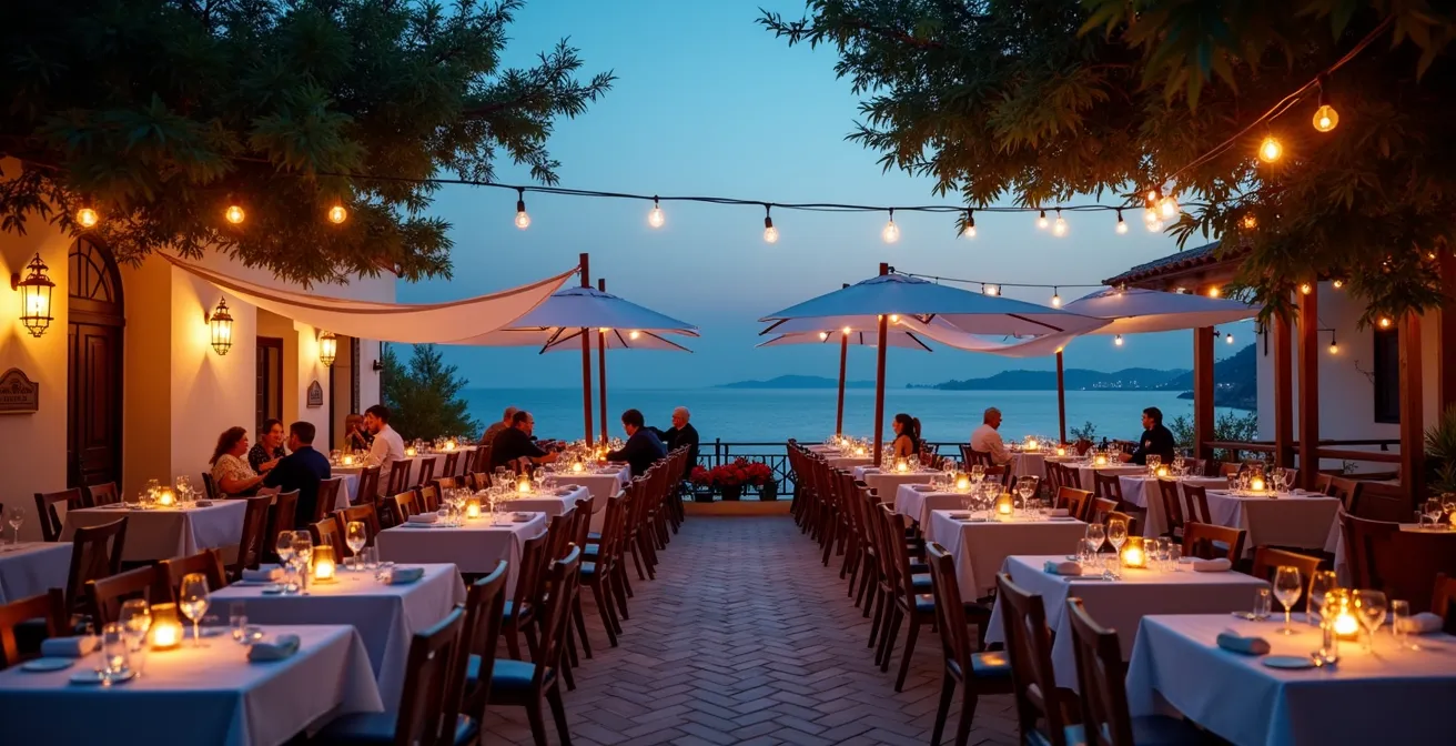 Terrasse de restaurant traditionnel au crépuscule avec nappes ondulant sous la brise marine