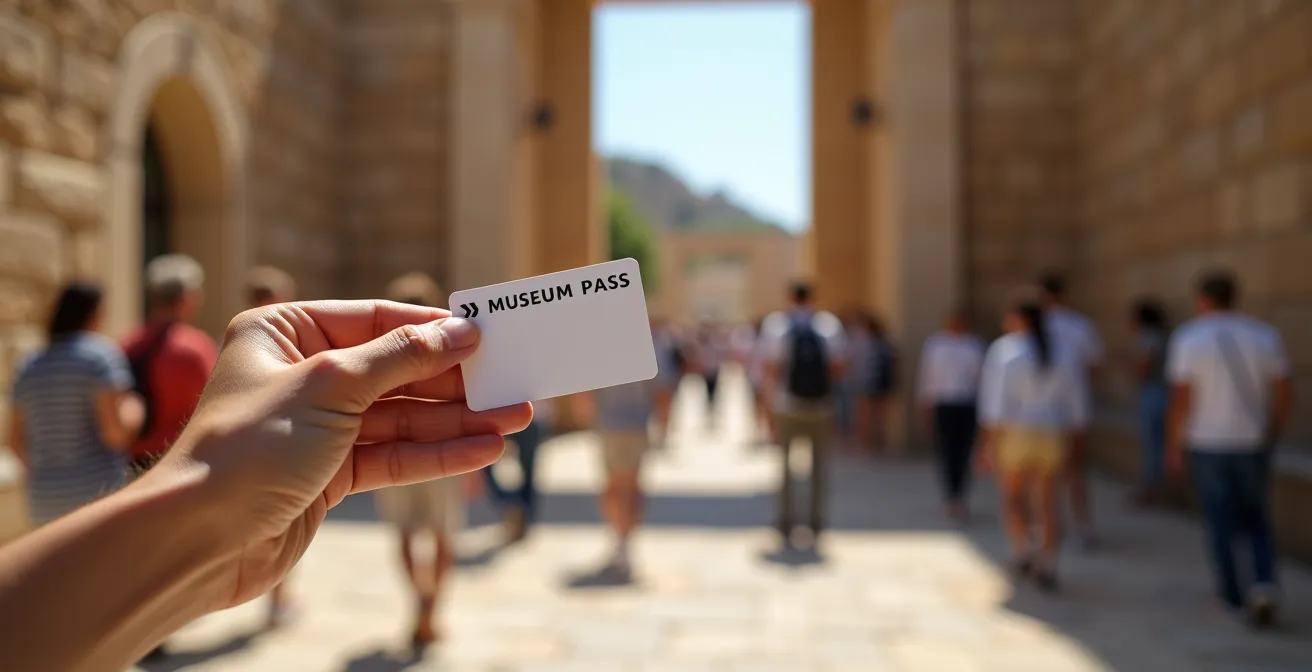 Touriste montrant son Museum Pass à l'entrée d'un site archéologique turc avec file d'attente en arrière-plan flou