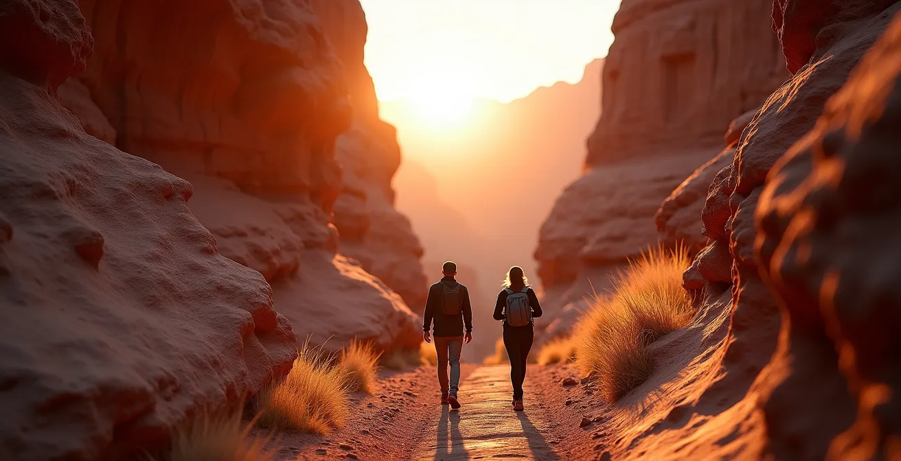 Randonneurs dans la Vallée Rose de Cappadoce au coucher du soleil avec parois rocheuses embrasées