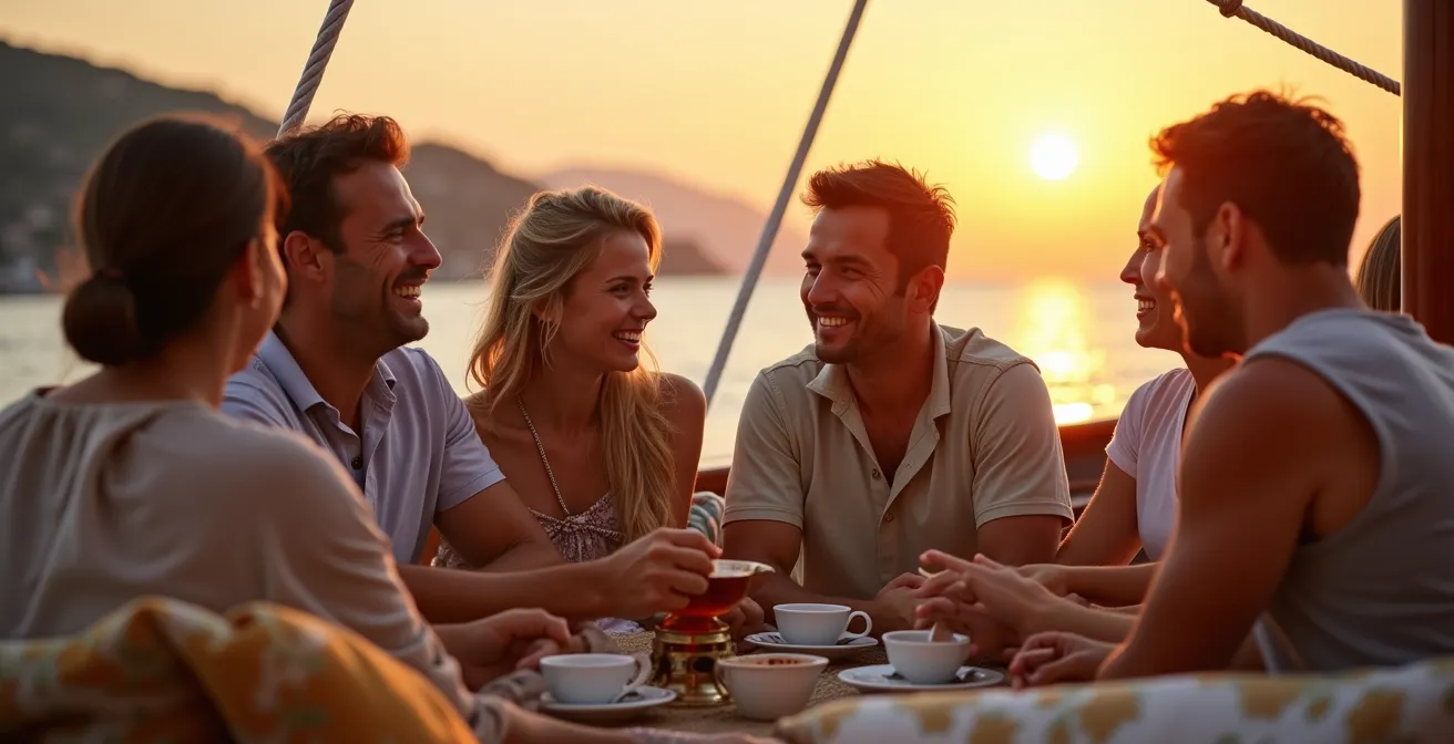 Passagers partageant un moment convivial sur le pont d'une goélette au coucher du soleil