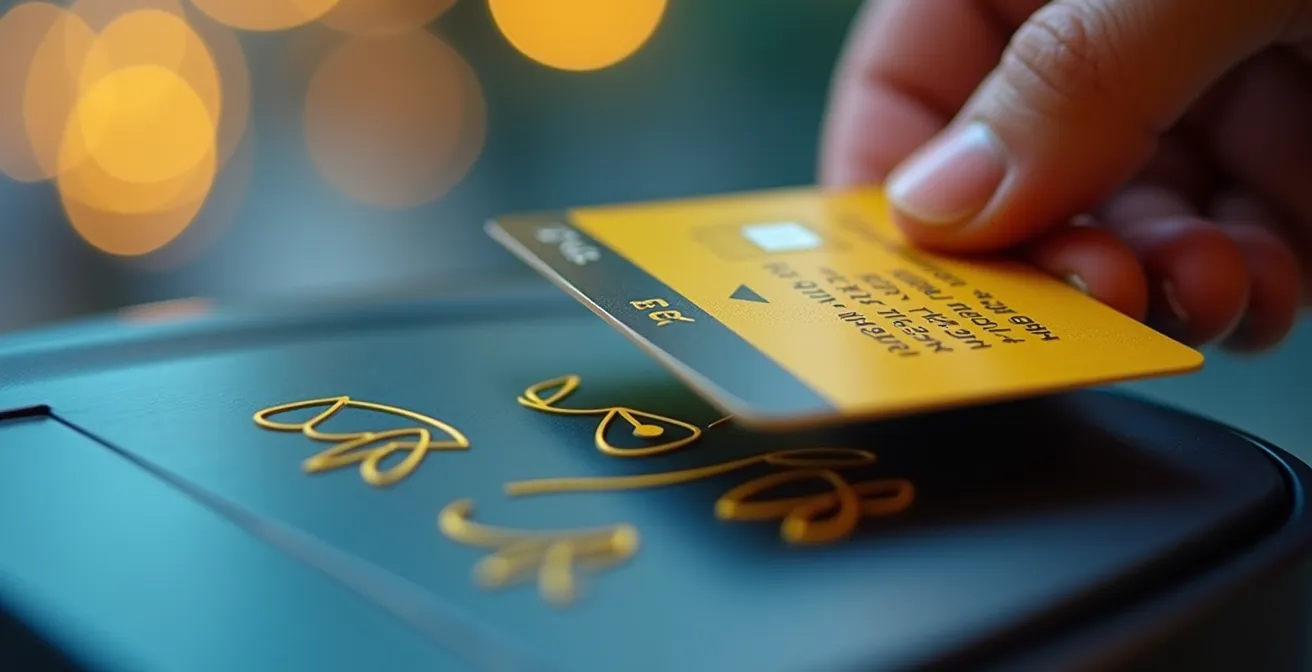 Borne de paiement jaune et bleue Biletmatik avec une main approchant une carte bancaire sans contact