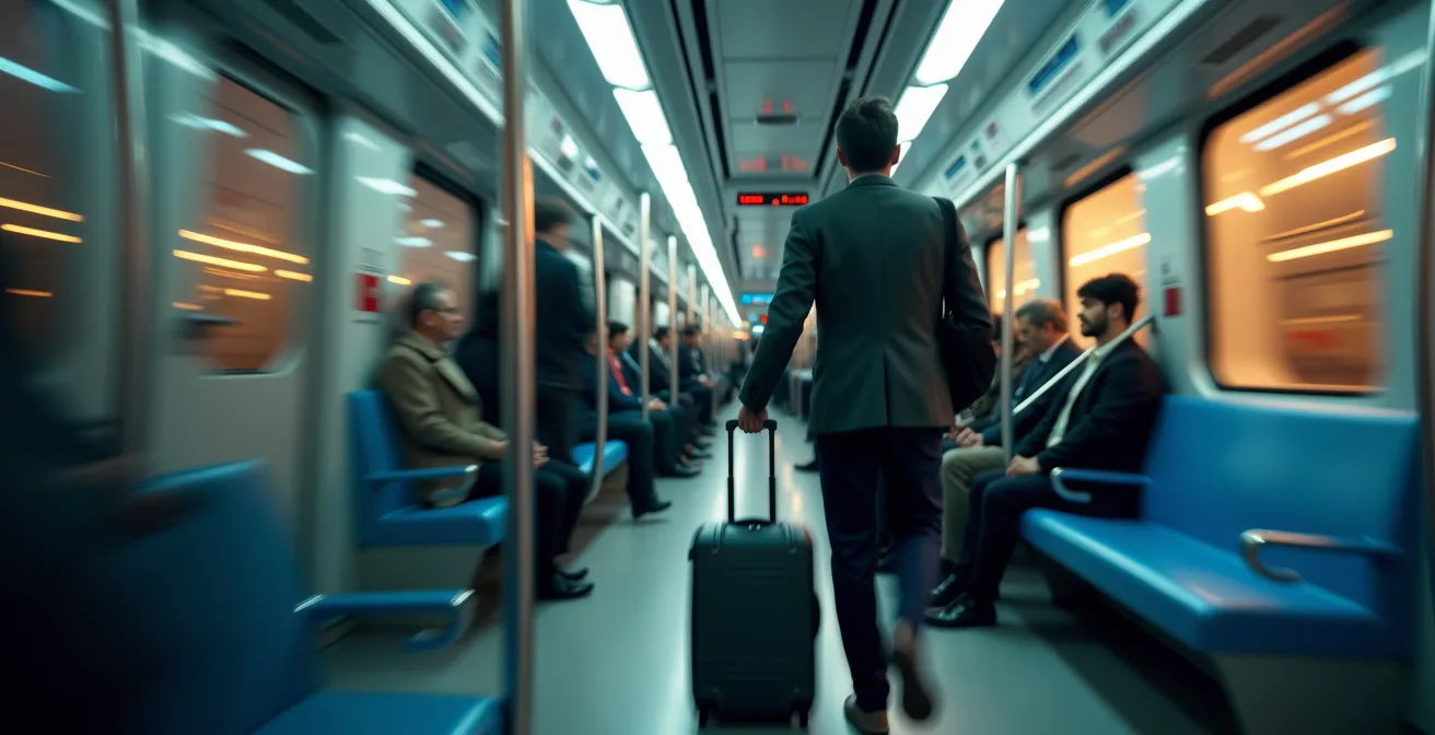 Intérieur moderne du métro M11 d'Istanbul avec voyageurs et bagages en mouvement