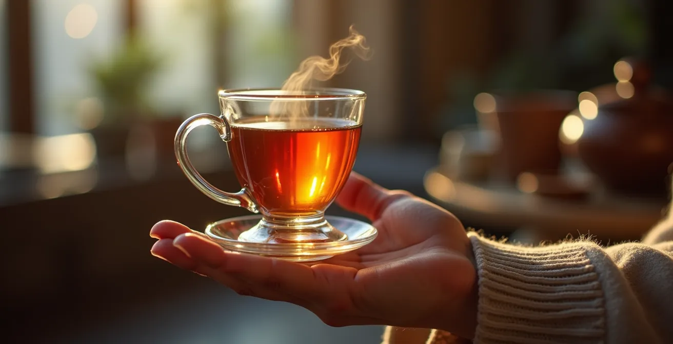 Main tendant un verre de thé turc en forme de tulipe dans un contexte chaleureux