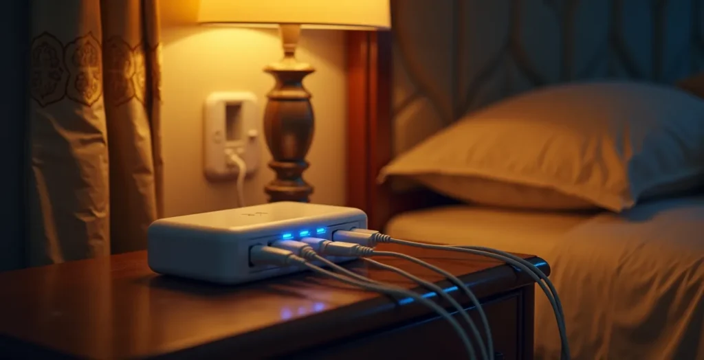 Chargeur moderne multi-ports sur table de chevet d'hôtel avec plusieurs câbles connectés Chargeur moderne multi-ports sur table de chevet d'hôtel avec plusieurs câbles connectés